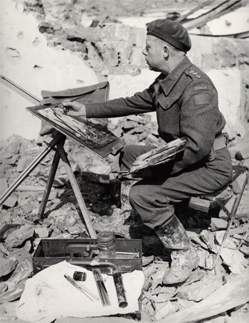 Charles Comfort, an official army war artist, painting with water-colours amidst the rubble of a building near Ortona, Italy. - 20040082-029