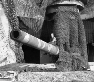 Private F.J. Coakley of the North Shore (New Brunswick) Regiment sits on one of the guns near Boulogne that made up Hitler's Atlantic Wall. - NAC_PA 131243