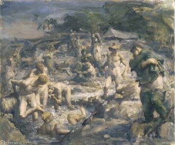 2/10th Australian Commando Squadron: wash and clean up, Ivor Hele, Australian War Memorial, ART26875