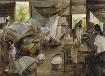 Femmes et enfants britanniques interns dans un camp de prisonniers japonais, Syme Road, Singapour, Leslie Cole, Imperial War Museum, ART LD 5620