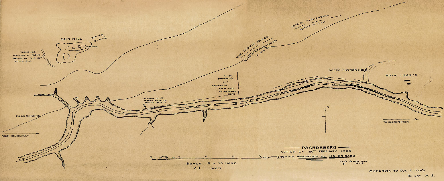 Boer War Maps - Map of the Battle of Paardeberg Showing the Position of the XIX Brigade on 20 February 1900. Credit:  CWM 19880069-145