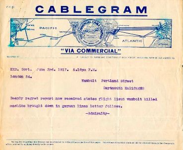 Telegram Confirming Flight Lieutenant Harry Wambolt's Death
