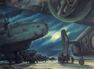 Marshalling of the Hallies -  Painted in 1947 by Paul Goranson (1911-). Handley-Page Halifax heavy bombers prepare for take-off on one of their countless night-time raids over Germany. - The Beaverbrook Collection of War Art - AN19710261-3071
