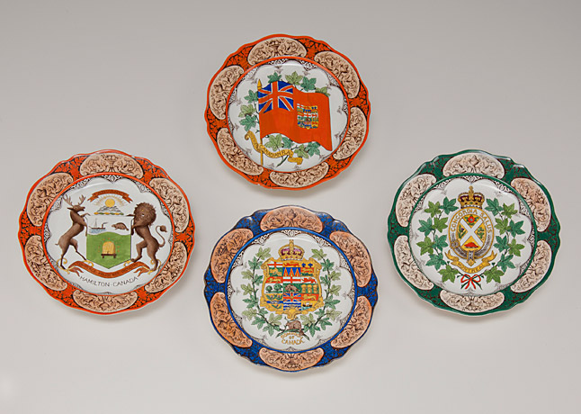 Hand-painted souvenir plates, Wedgwood Pottery (UK), featuring Canadian heraldic symbols