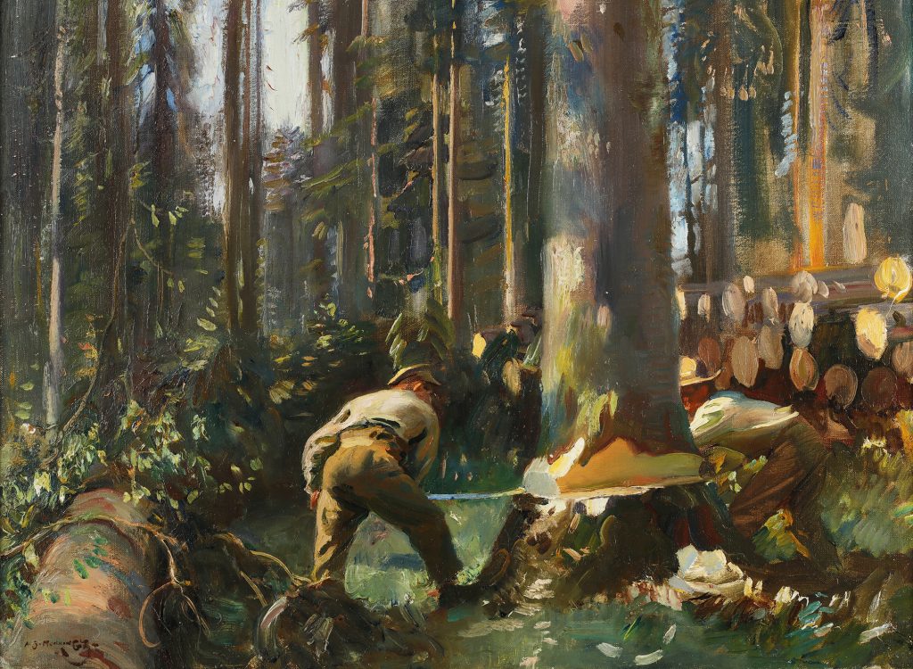 Painting of a man felling a tree