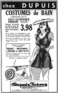 Dupuis Frères ad for bathing
suits in
La Bonne Parole, June 1939, p. 4.