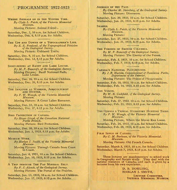 Programme des confrences publiques du Muse  Victoria Memorial , pour les mois de dcembre 1922  mars 1923; On remarque la prsentation de Marius Barbeau intitule:  Folk Songs of Canada  accompagne du film  Old French Canada ., © MCC/CMC