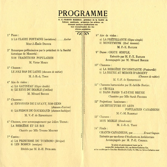 Soire des traditions populaires canadiennes; Programme de la premire soire de folklore organise conjointement,  la Bibliothque Saint-Sulpice de Montral, par la Socit historique de Montral et la Socit de folklore amricain, le 18 mars 1919., © MCC/CMC