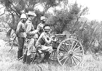 Boer War Picture, The 1895 Model Colt machine gun that the Royal Canadian Dragoons and other Canadian mounted units adopted after their arrival in South Africa. It was mounted on a carriage that could be pulled by a single horse. Here it is operated by a British team. A.T. Mahan, The South African War