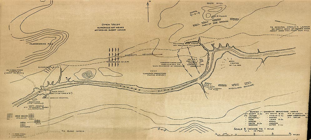 Cartes de la guerre des Boers - Carte de la bataille de Paardeberg indiquant les positions de la IXe Division (dont fait partie le 2nd Royal Canadian Regiment) au 18 février 1900, au cours du premier engagement. Credit:  CWM 19880069-145