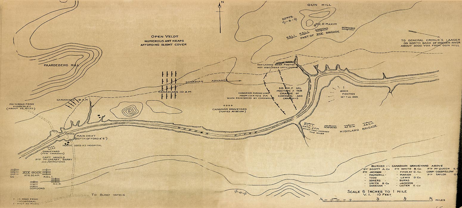 Boer War Maps - Map of the Battle of Paardeberg Showing the Position of the IX Division (which included the 2nd Royal Canadian Regiment) on 18 February 1900 during the First Engagement. Credit:  CWM 19880069-145