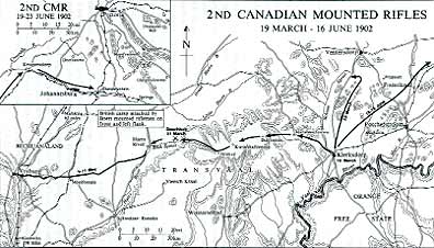 Boer War Maps - Map Indicating the Movement of the 2nd Canadian Mounted Rifles, 19 March - 16 June 1902.  Credit : Carman Miller, 'Painting the Map Red: Canada and the South African War 1899-1902'.  Canadian War Museum and McGill-Queen's University Press, Montreal and Kingston, 1993. p. 404