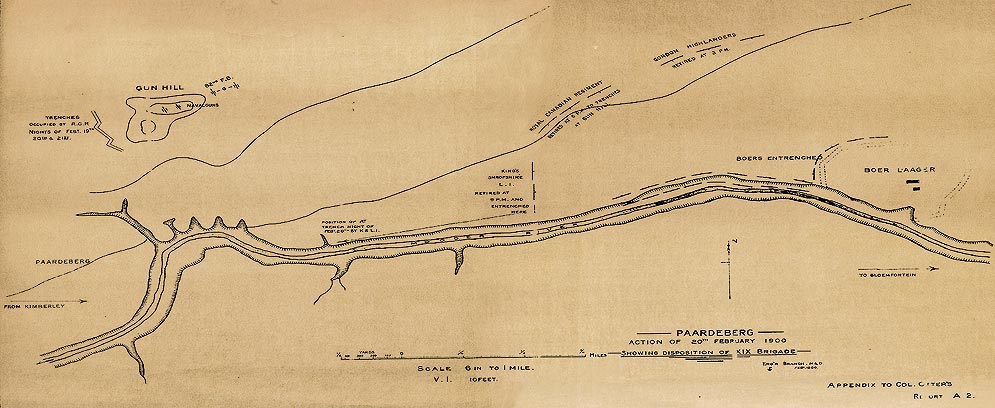 Cartes de la guerre des Boers - Carte de la bataille de Paardeberg indiquant les positions de la XIXe Brigade au 20 fvrier 1900. Credit:  CWM 19880069-145