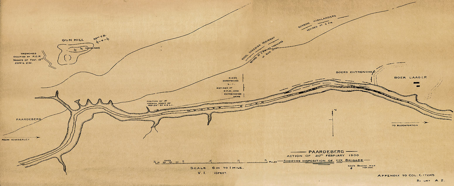 Cartes de la guerre des Boers - Carte de la bataille de Paardeberg indiquant les positions de la XIXe Brigade au 20 fvrier 1900. Credit:  CWM 19880069-145