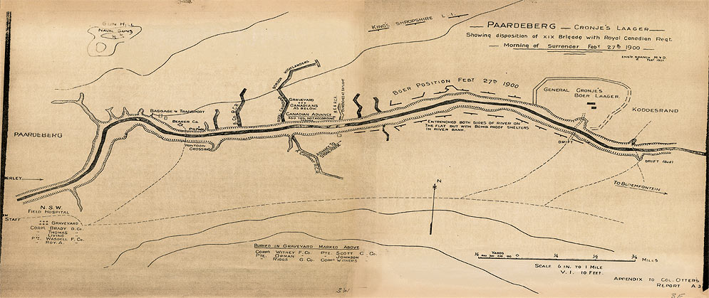 Cartes de la guerre des Boers - Carte de la bataille de Paardeberg indiquant les positions de la XIXe Brigade au 20 février 1900. Credit:  CWM 19880069-145