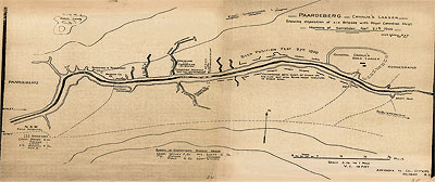 Cartes de la guerre des Boers - Carte de la bataille de Paardeberg indiquant la zone du Laager Gnral Pieter Arnoldus Cronje et la position de la XIXe Brigade au matin du 27 fvrier 1900 au moment de la reddition des forces du Gnral Cronje.  Credit:  CWM 19880069-145