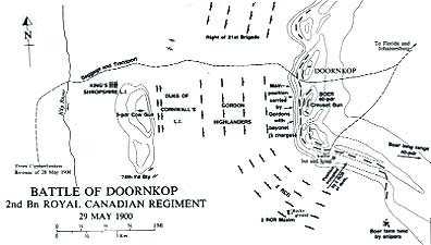 Boer War Maps - Map of the Battle of Doornkop.  Credit : Carman Miller, 'Painting the Map Red: Canada and the South African War 1899-1902'.  Canadian War Museum and McGill-Queen's University Press, Montreal and Kingston, 1993. p. 130