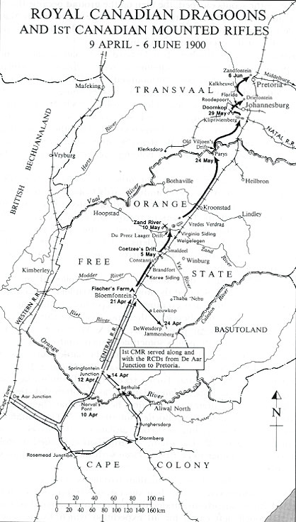 Cartes de la guerre des boers - Carte indiquant les mouvements des Royal Canadian Dragoons et du 1st Battalion, Canadian Mounted Rifles, du 9 avril au 6 Juin 1900.  Credit : Carman Miller, 'Painting the Map Red: Canada and the South African War 1899-1902'.  Canadian War Museum and McGill-Queen's University Press, Montreal and Kingston, 1993. p. 225