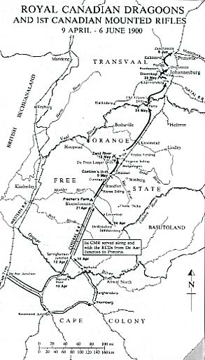 Boer War Maps - Map Indicating the Movement of the Royal Canadian Dragoons and 1st Canadian Mounted Rifles, 9 April - 6 June 1900.  Credit : Carman Miller, 'Painting the Map Red: Canada and the South African War 1899-1902'.  Canadian War Museum and McGill-Queen's University Press, Montreal and Kingston, 1993. p. 225