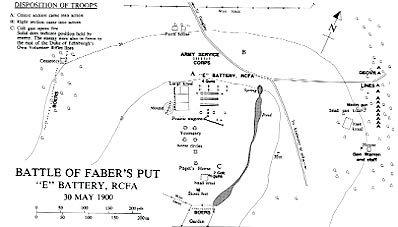 Cartes de la guerre des Boers - Carte de la bataille de Faber's Put.  Credit : Carman Miller, 'Painting the Map Red: Canada and the South African War 1899-1902'.  Canadian War Museum and McGill-Queen's University Press, Montreal and Kingston, 1993. p. 202