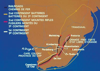 Carte de la guerre des Boers : Carte de l'Afrique du Sud indiquant la ligne de marche des contingents canadiens - Credit : Carman Miller, 'Le Canada et lza Guerre des Boers', Muse national de l'Homme: Muses nationaux du Canada; Office national du Film, 1976. Diapositive 21