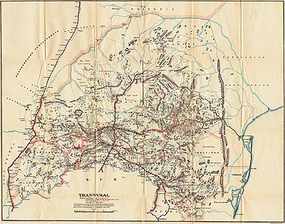 Boer War Maps - Map of the Boer Republic of Transvaal Showing Blockhouse Lines and South African Constabulary Posts with Dates of Completion - Credit : Canada. Dept. of Militia and Defence, 'Organization, equipment, despatch and service of the Canadian contingents during the war in South Africa, 1899-1900:Supplementary report (Sessional paper no. 35a)', Ottawa, Queen's Printer, 1901