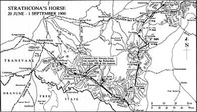 Boer War Maps - Map Indicating the Movement of the Strathcona's Horse, 20 June - 1 September 1900.  Credit : Carman Miller, 'Painting the Map Red: Canada and the South African War 1899-1902'.  Canadian War Museum and McGill-Queen's University Press, Montreal and Kingston, 1993. p. 316
