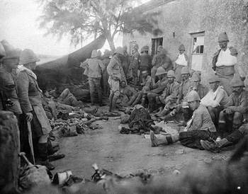 Boer War Photo, Field Hospital, Paardeberg, 19 February 1900, the second day of the battle. Most of the soldiers are British Gordon Highlanders, but some are from 2 RCRI. NAC C6094.