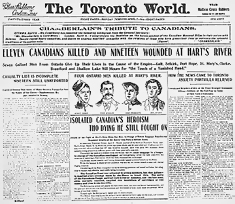 Image de la guerre des Boers, Manchette du Toronto World sur le récent engagement à Harts River.