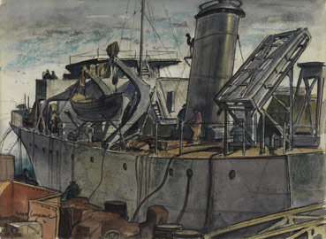 Minesweeper at Dockside, Toronto Shipbuilding YardsPainted by Charles Goldhamer in 1942 