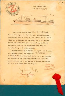 "Crossing the Line" Certificate, SS Stanley Park