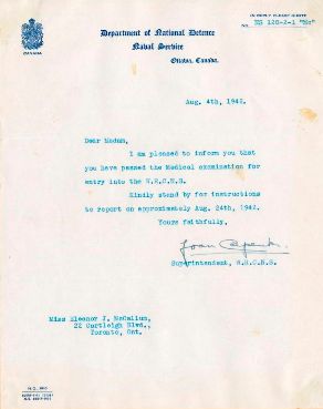 WRCNS Acceptance Letter to Eleanor McCallum