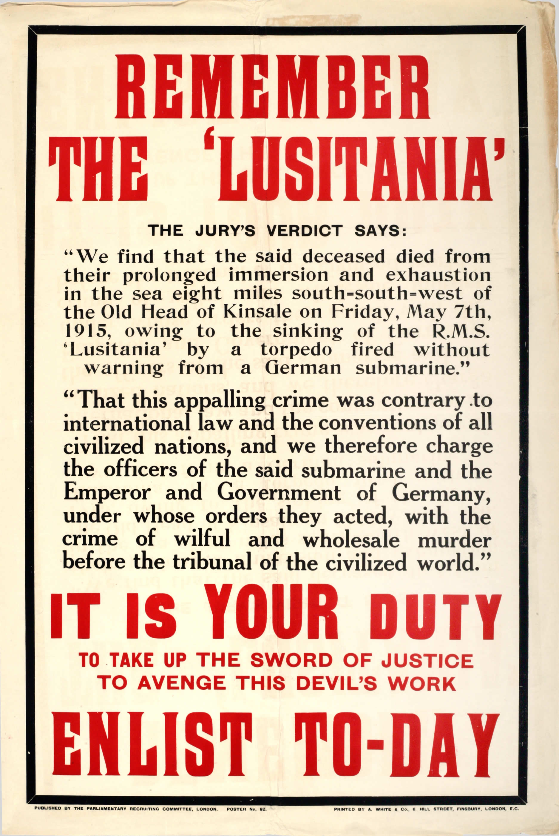 Recruitment Posters - <i>Remember the 'Lusitania'</i> | Canada and the First  World War