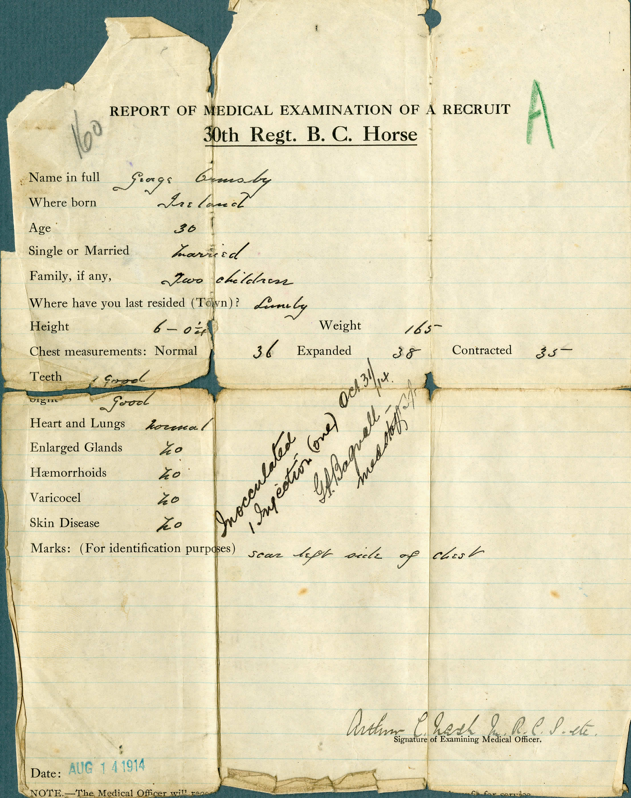 Military Documents Medical Examination Canada And The First World War