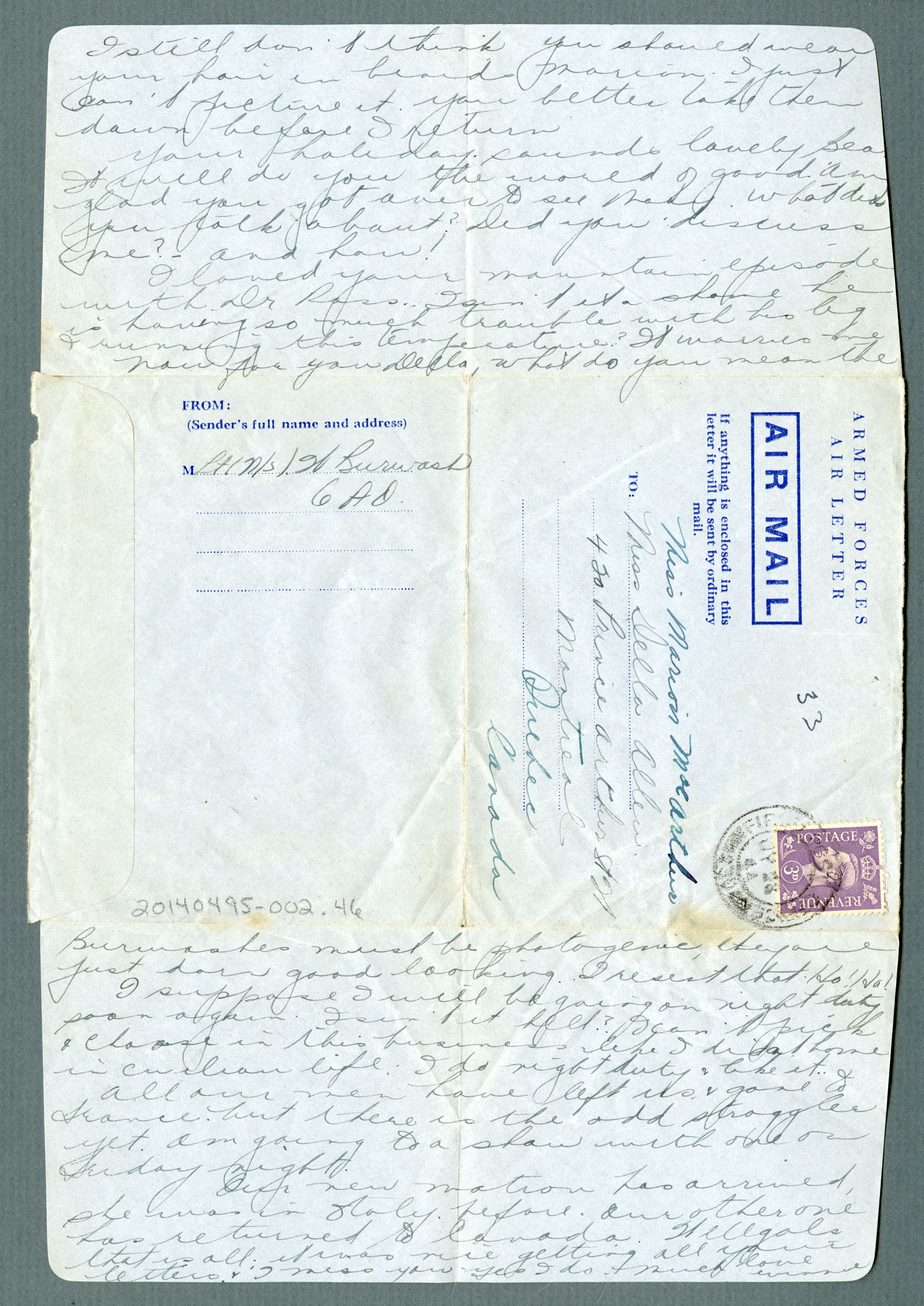 Handwritten letter in cursive, using black ink on light grey paper, with address and mailing information at right centre. 