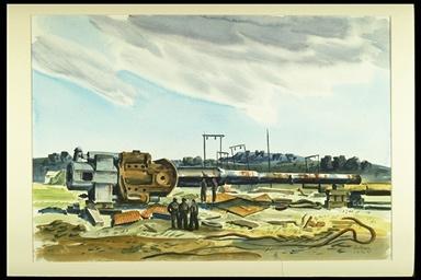 painting, 16 INCH-GUNS AT KRUPP ARMAMENT EXPERIMENTAL DUMP, GERMANY by Bobak , O.C., Captain Bruno Jacob