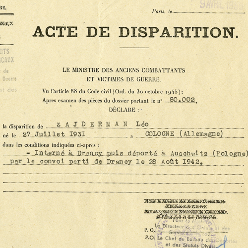 Acte de Disparition (Disappearance Certificate) for Léo Zajderman