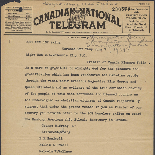 Telegram sent to Prime Minister W. L. McKenzie King