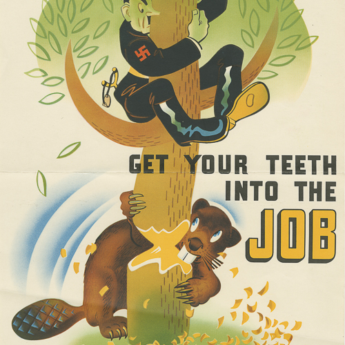 Colour illustration of a caricature of Hitler in a tree, with a beaver chewing on the trunk.