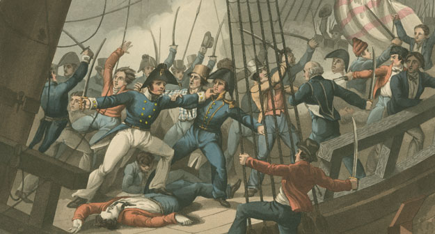 Abordage et capture du vaisseau américain Chesapeake par les officiers et les membres d’équipage du navire de Sa Majesté, le Shannon, sous le commandement du capitaine Broke, juin 1813