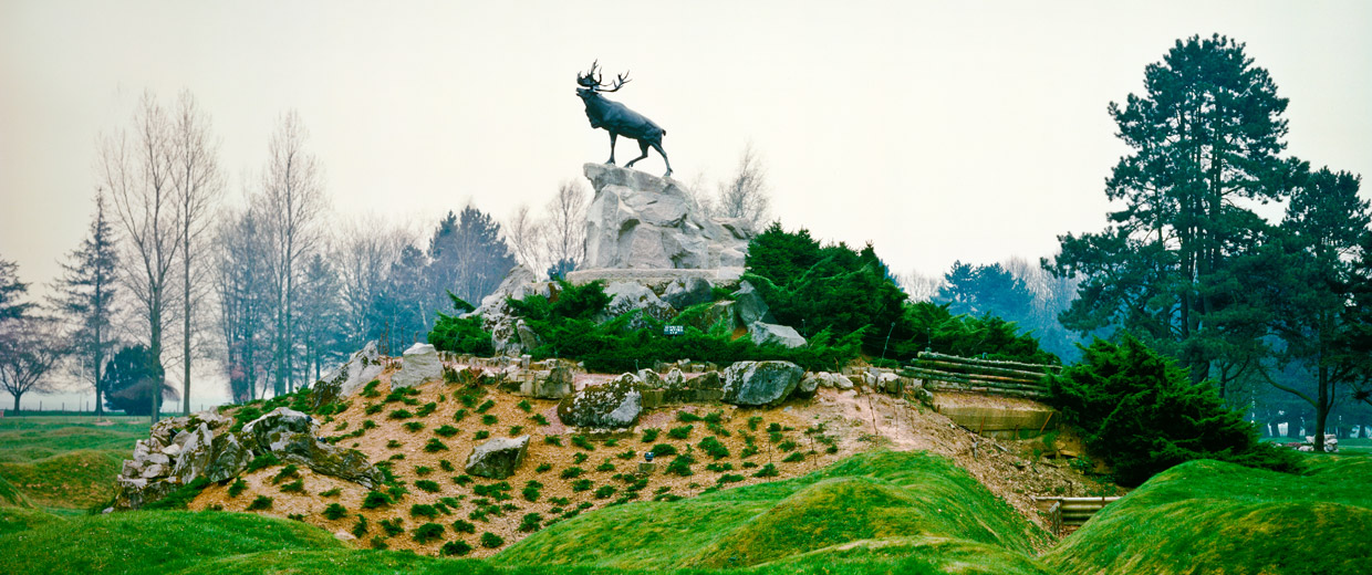 A statue of a deer in Ottawa, on top of a grassy hill near the Canadian War Museum.