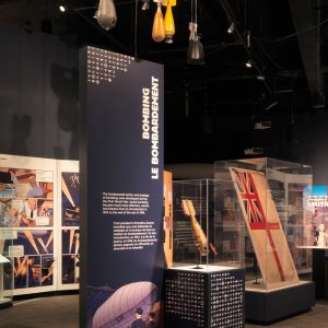 Panels and artifacts about bombing from the exhibition