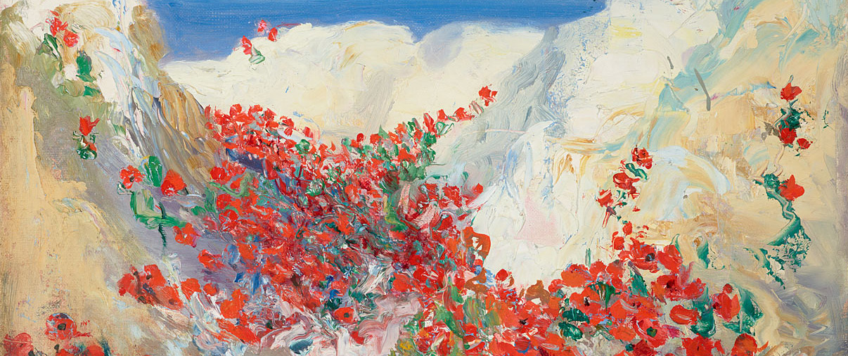 A painting of red flowers in the mountains, located in Ottawa at the Canadian War Museum.