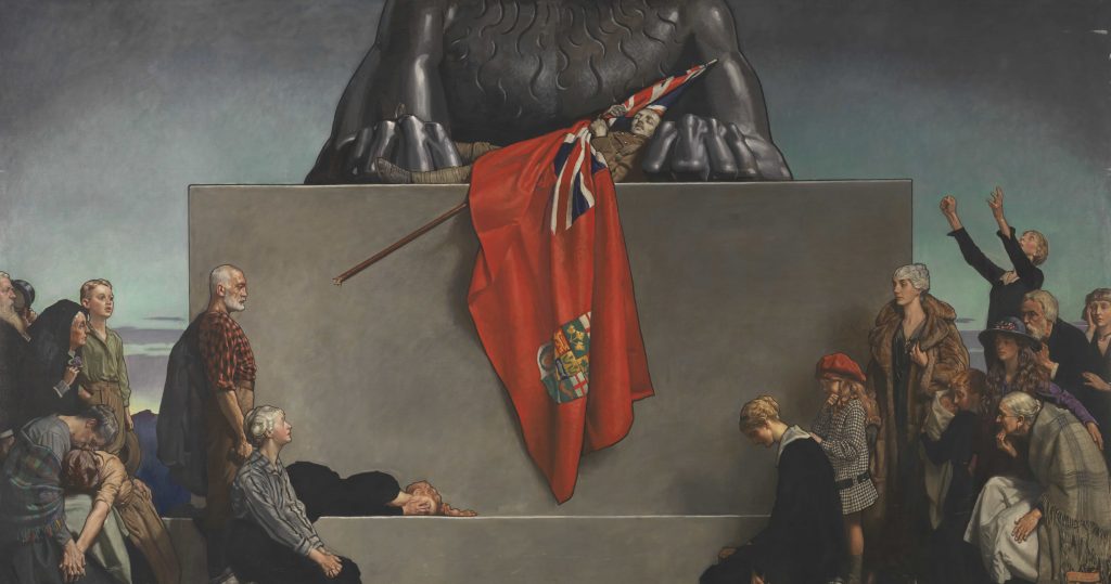 A crowd of mourners gather at the base of a partially visible lion monument. Between the lion’s paws lies a dead soldier in uniform, draped with the Canadian Red Ensign.
