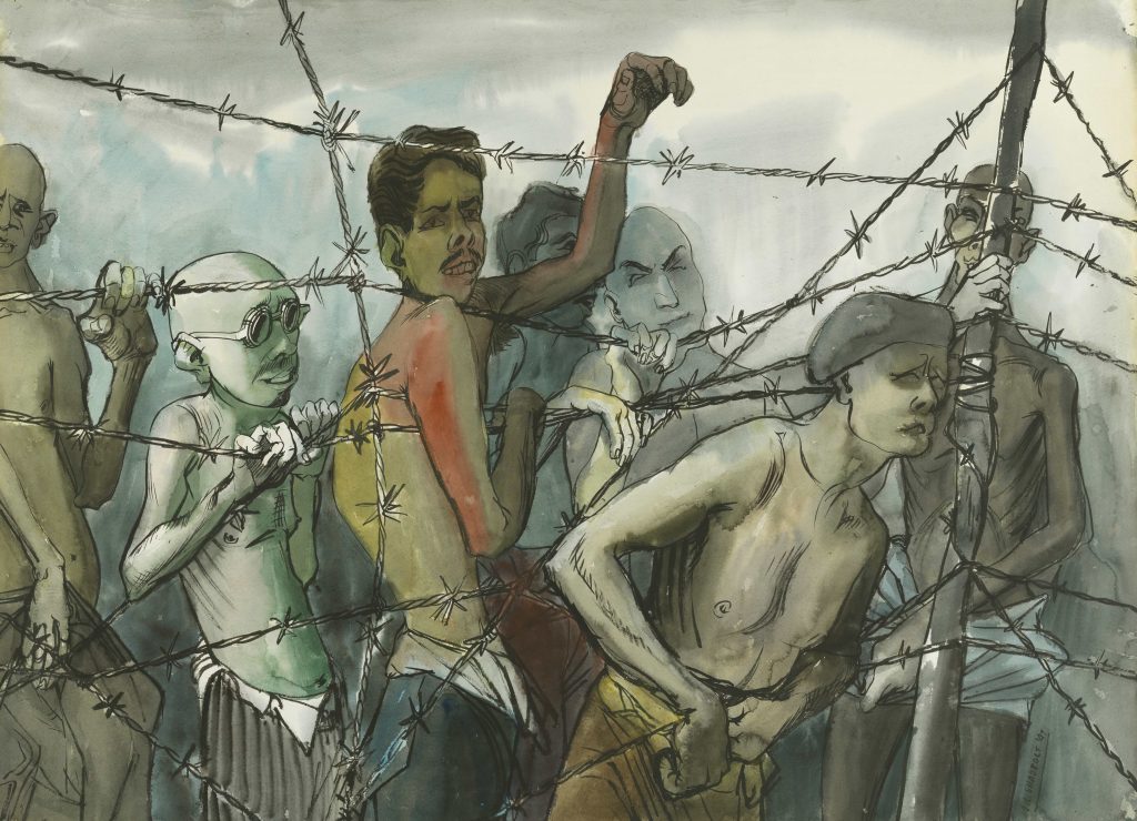 A group of emaciated shirtless men stand behind a barbed wire fence. Some of the men reach through the wire.