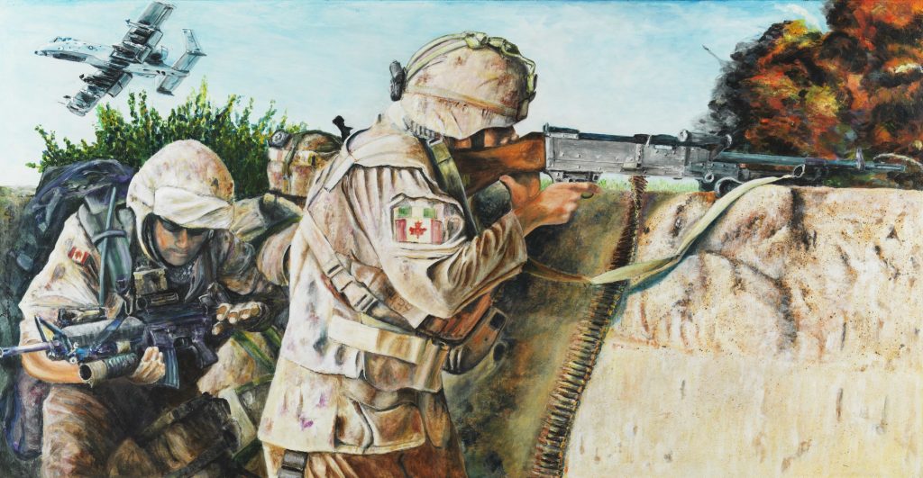 Three Canadian soldiers engage in combat, with an explosion in the background and a military aircraft flying overhead.