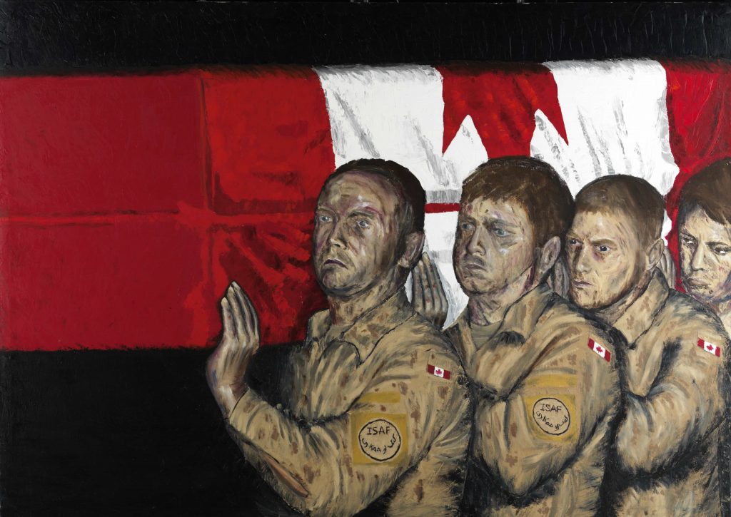 Four uniformed men carry a casket draped with the Canadian flag