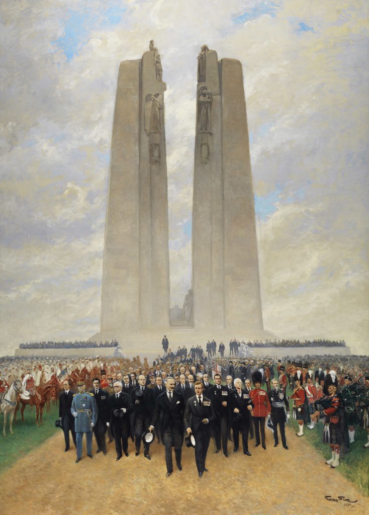 A group of men lead a procession away from the Vimy Memorial. They are dressed in their finest clothes, a mix of civilian suits and ceremonial military uniforms.