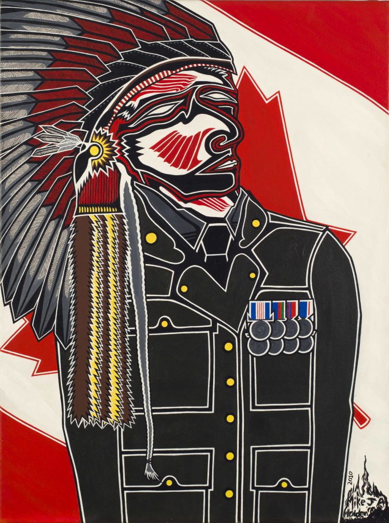 An Indigenous man wearing a traditional war bonnet and military uniform stands in front of a partially obscured Canadian flag