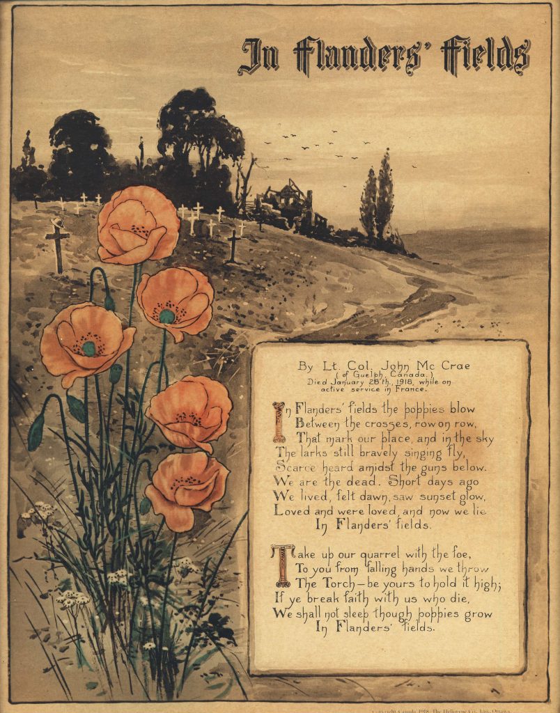 A country landscape with a bunch of poppies in the foreground, beside a handwritten poem